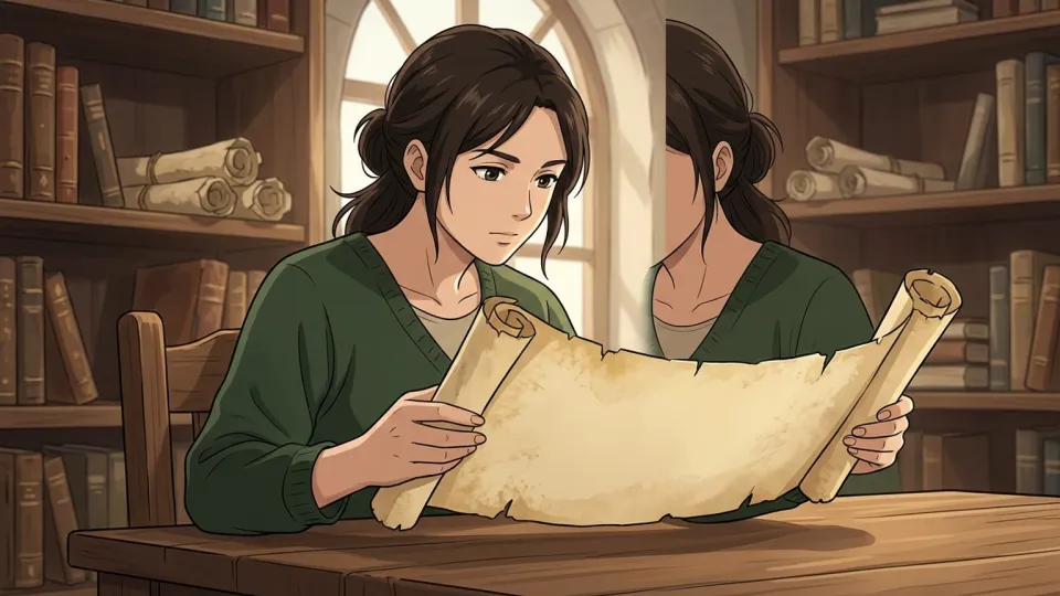 女性が図書館で古代の巻物を読んでいる様子