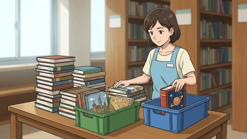 書籍をカテゴリーごとに仕分ける様子