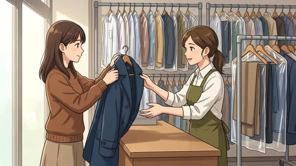 カウンターでコートを預ける女性の様子