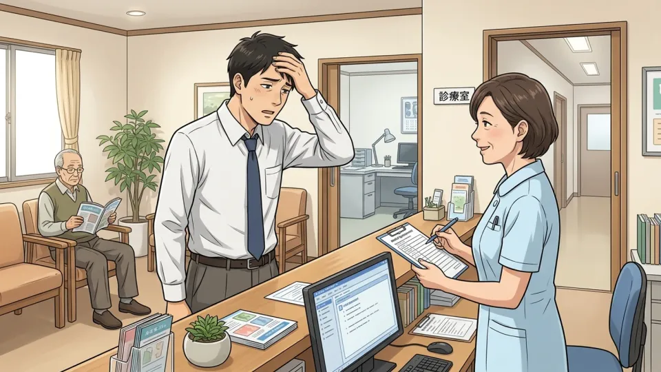 地域の診療所で体調を崩した会社員が受付をしている