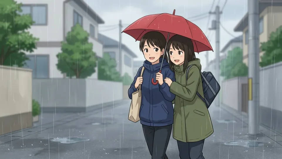 1つの傘の下でぴったり寄り添って立つ2人。