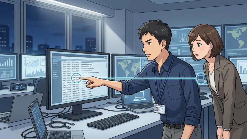 調査員が異常なログイン時刻をデータ流出元の手がかりとして分析している様子
