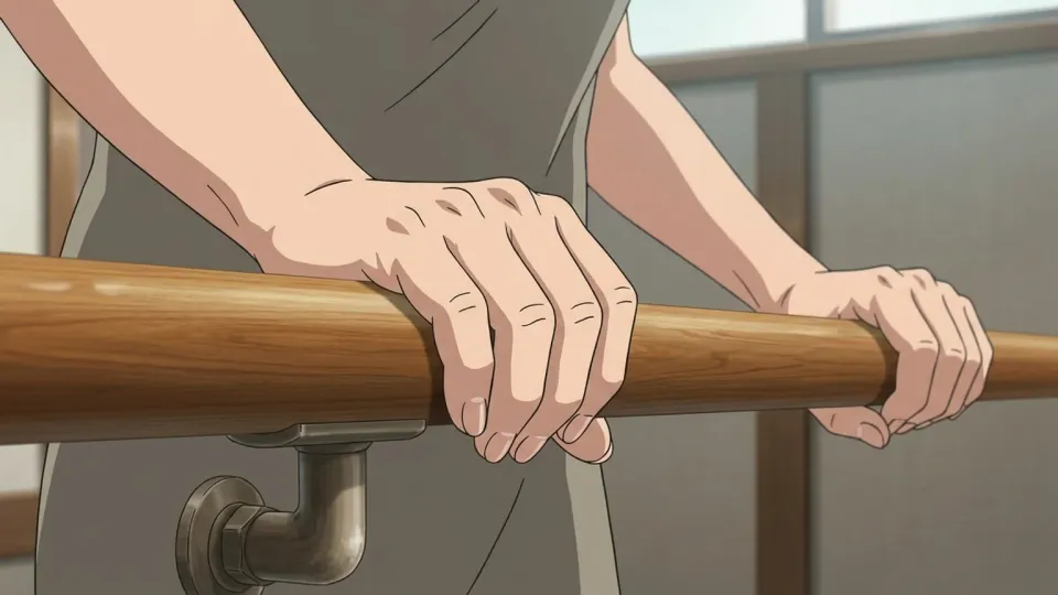 手すりを強く握る手