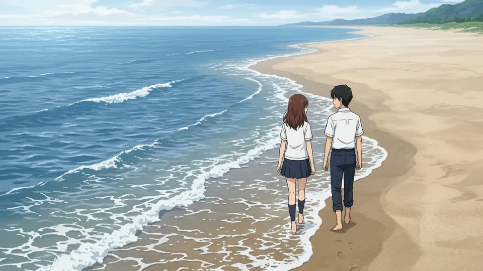 美しい海岸を歩く人々