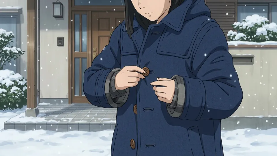 雪の中へ出かける前に暖かいコートを着る女性