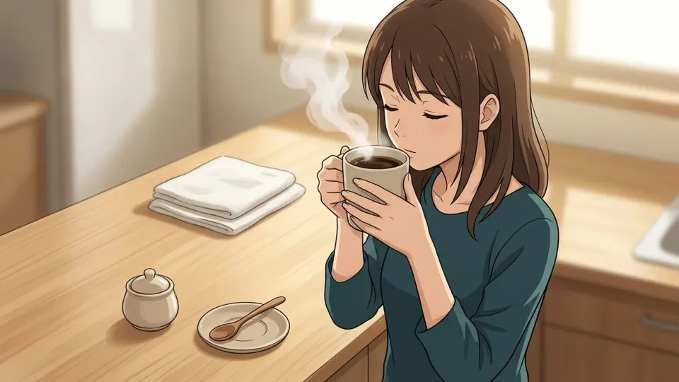 キッチンでコーヒーを飲む女性