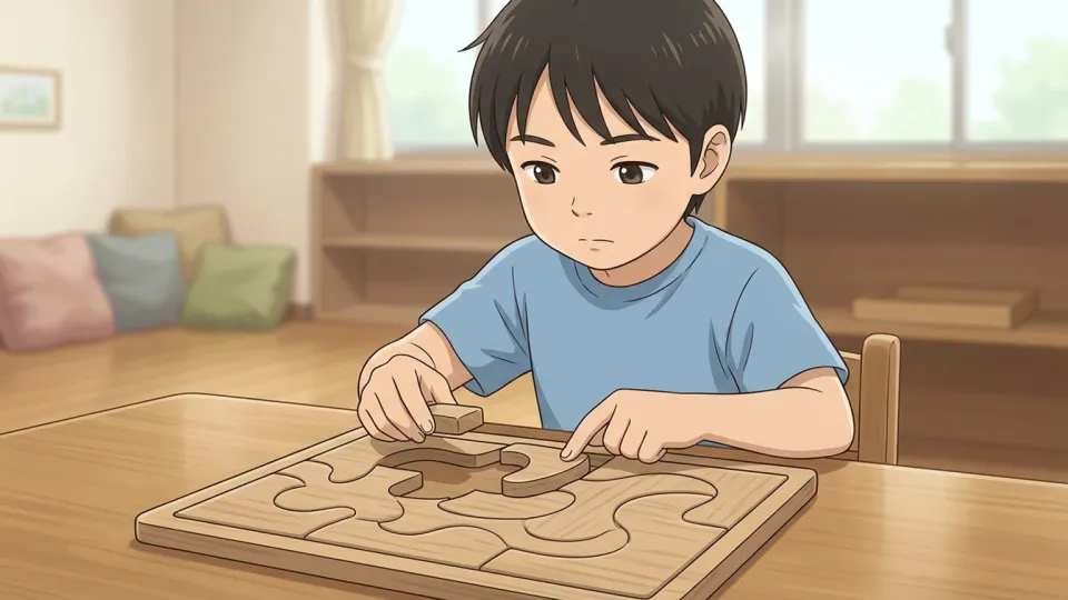 子供がパズルを組み立てて思考している様子。