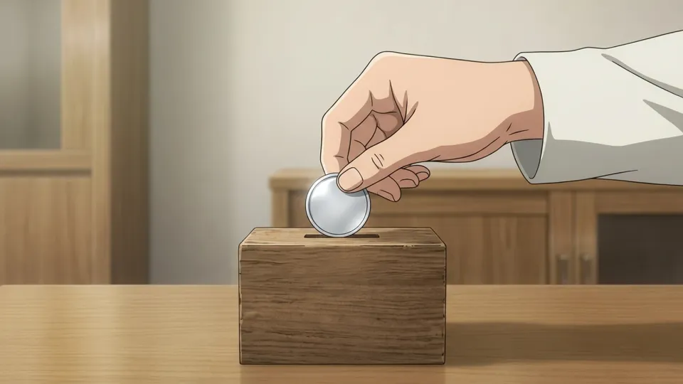 木箱に銀の硬貨を入れる男性
