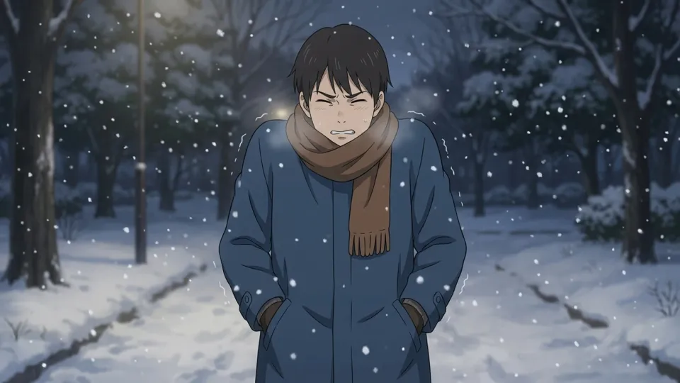雪の中で厚着をして震えている人