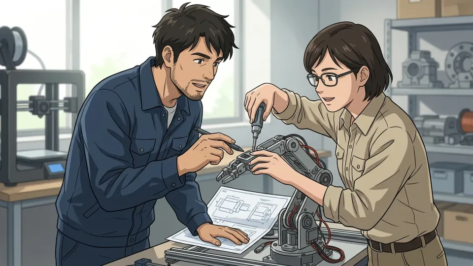 二社の技術者が新しい試作品を共同で検討している場面