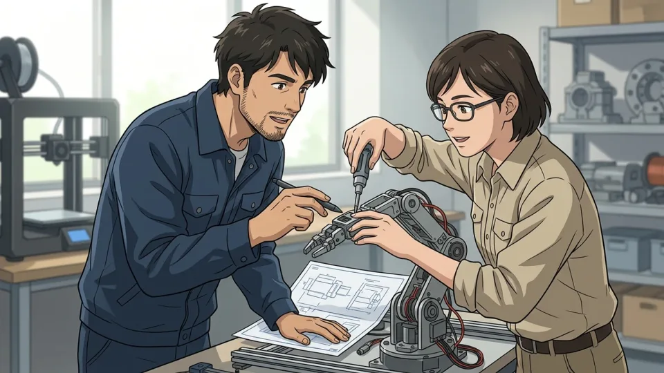二社の技術者が新しい試作品を共同で検討している場面