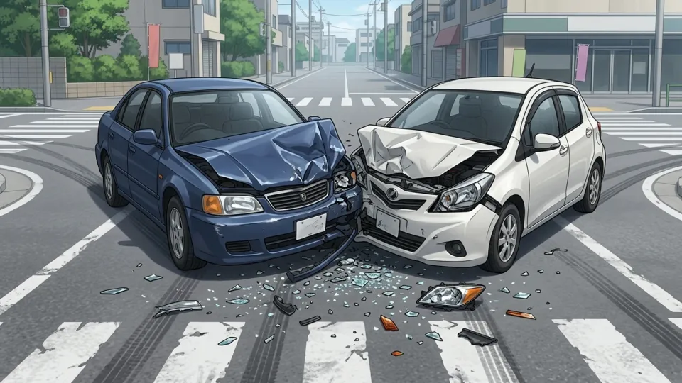 道路上で衝突した自動車を調査する警察官