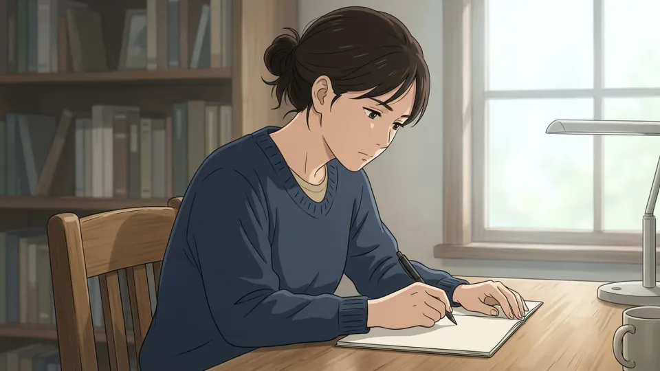 机に向かって執筆するコラムニストの様子