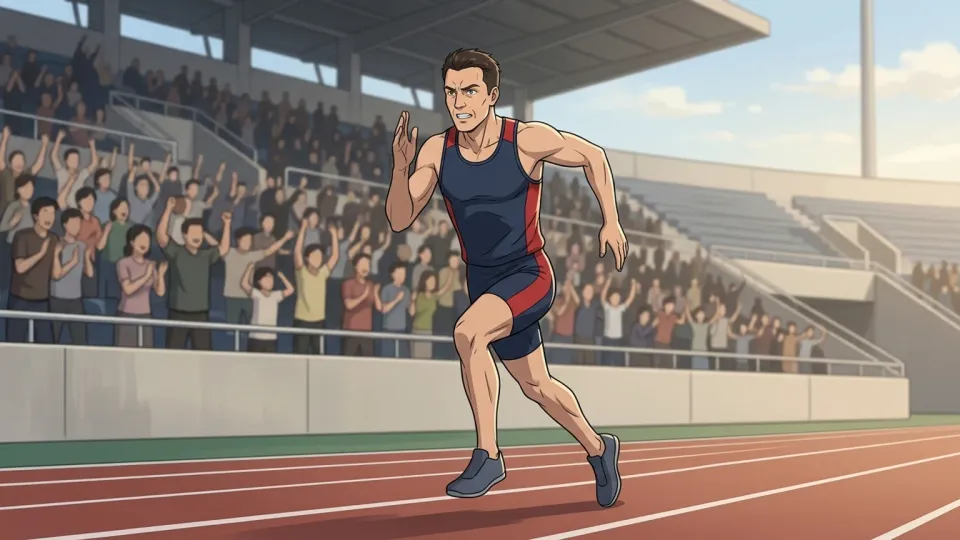 怪我から復帰して競技場で走るベテラン選手。