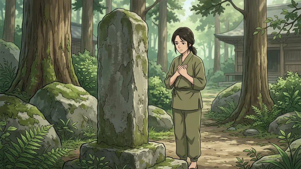 石碑の前で教えを守ることを誓う人物の情景