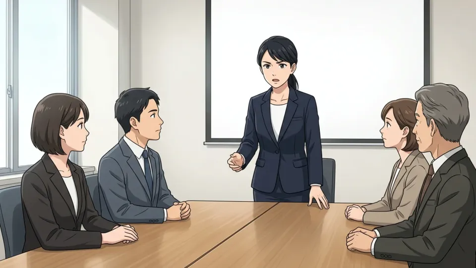 会議で意見を述べる女性