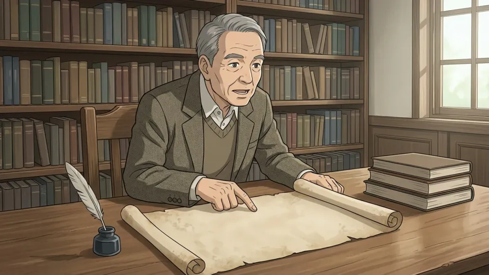 歴史的文献について詳細な解説を行う教授