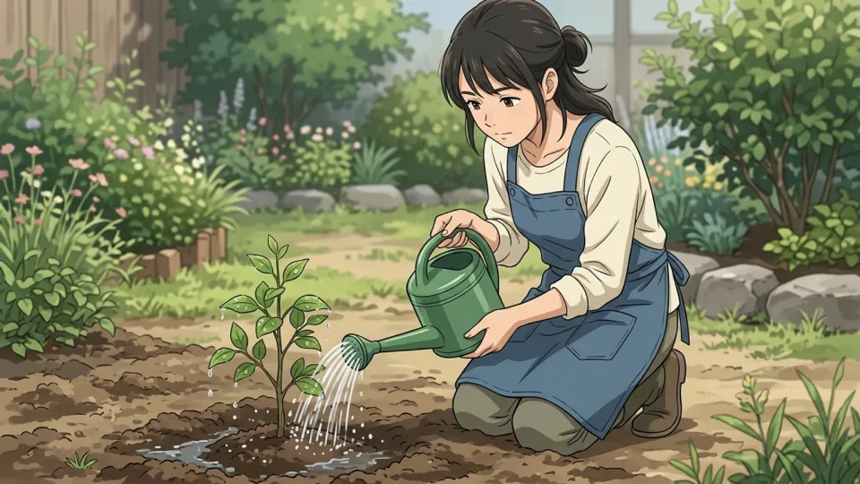 女性が若木に水をやっているイラスト