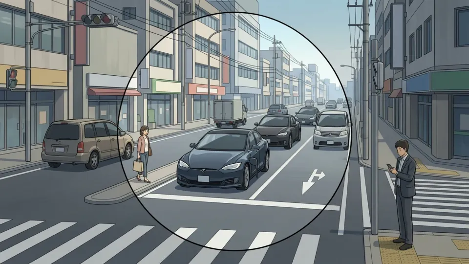 日常の道路にありふれた電気自動車が走る様子。
