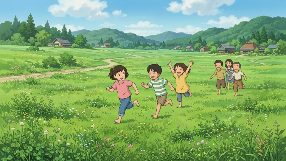 村の共有地で遊ぶ子供たち