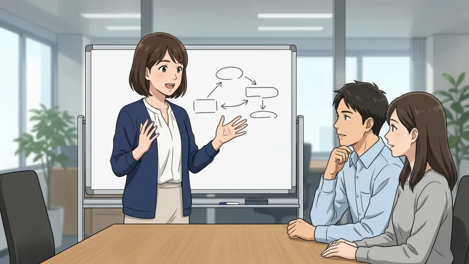 女性がチームにアイデアを伝えている様子