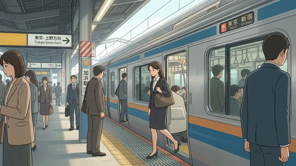 横浜から東京へ電車で通勤する会社員