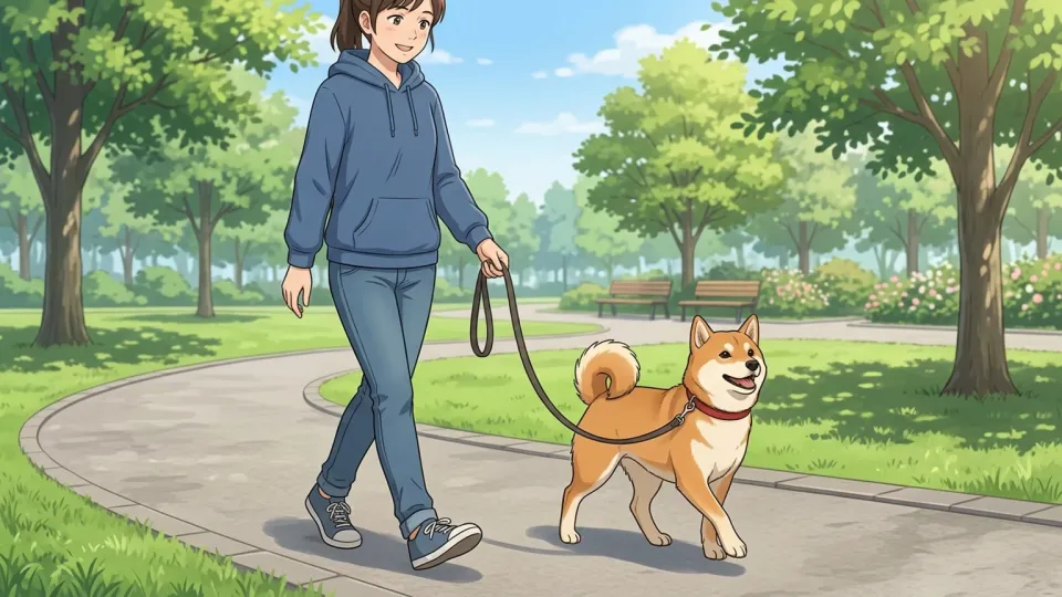 散歩中に寄り添って歩く人物と犬
