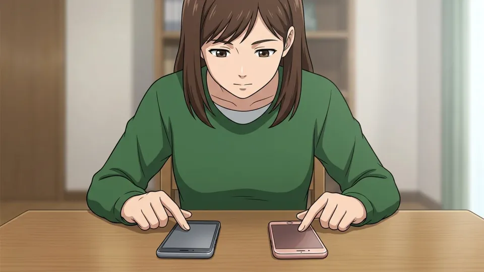 2台の異なるデザインのスマートフォンを比較している人物