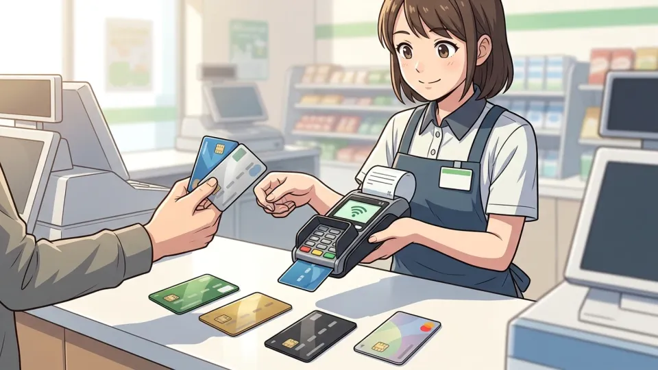 主要なクレジットカードに対応する端末で会計する店員