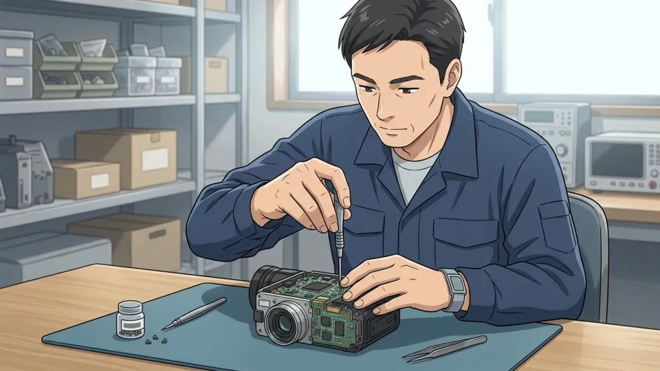 技術者が精密機械を器用に修理している様子
