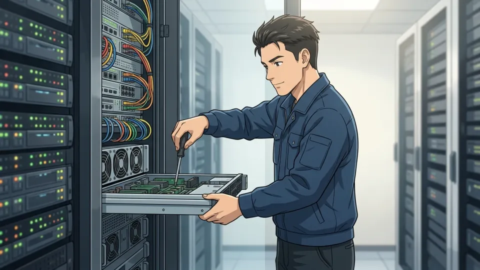 サーバーラックの前で作業をする有能なエンジニア