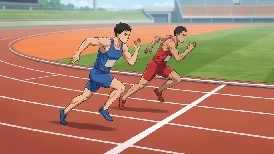 競技場で走者が並んで走るイラスト