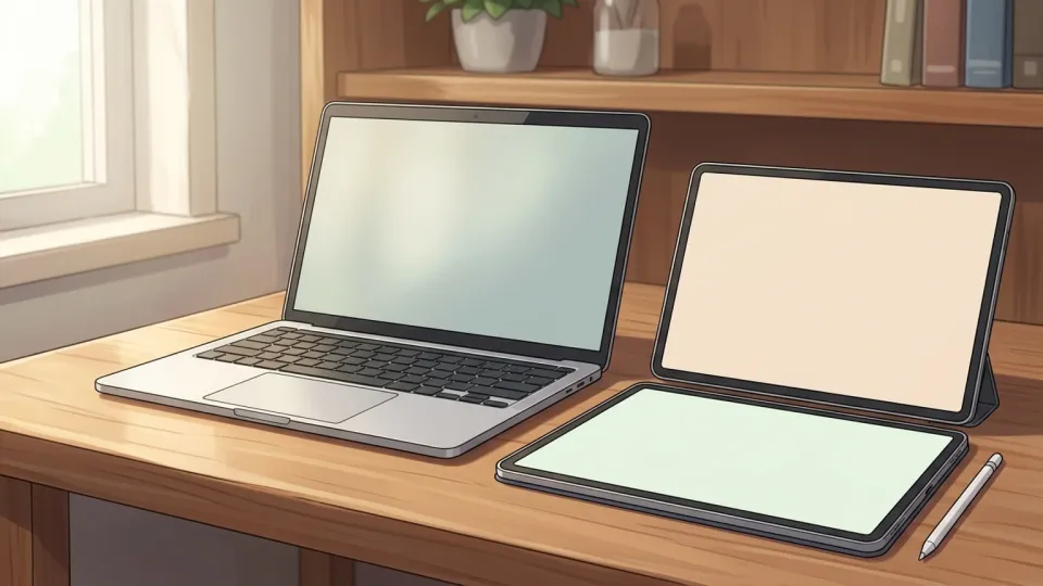 机の上に置かれたノートパソコンとタブレット