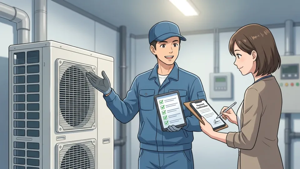 修理を終えた作業員が依頼主に完成した設備を示し、依頼主が支払い書類を確認している様子