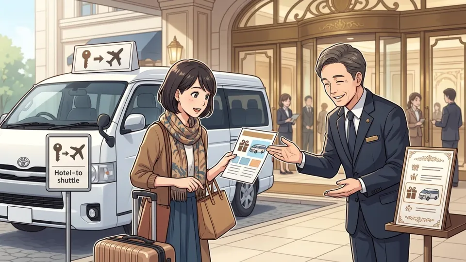 ホテルの宿泊客が無料の空港送迎車を利用する場面