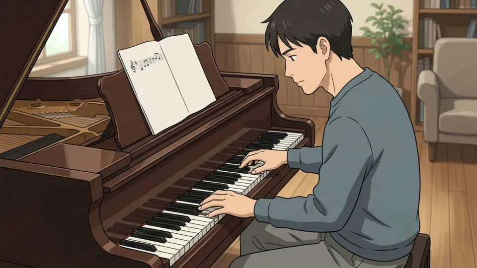 ピアノに向かって新しい楽曲を作っている男性