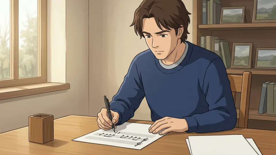 机で楽譜に書き込みをする男性のイラスト