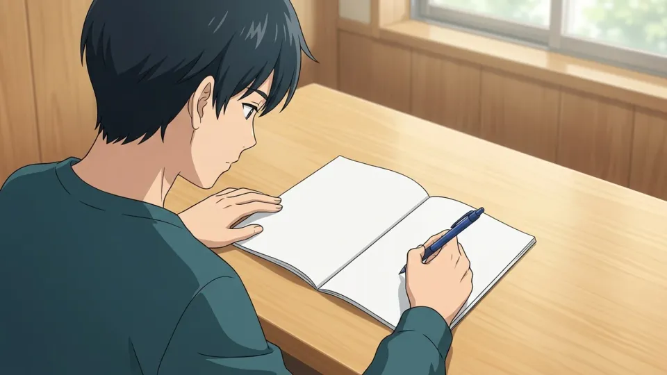 ノートにペンで文章を書いている手元