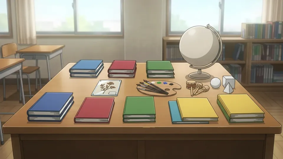 様々な学用品が揃った包括的な学習環境を表すイラスト