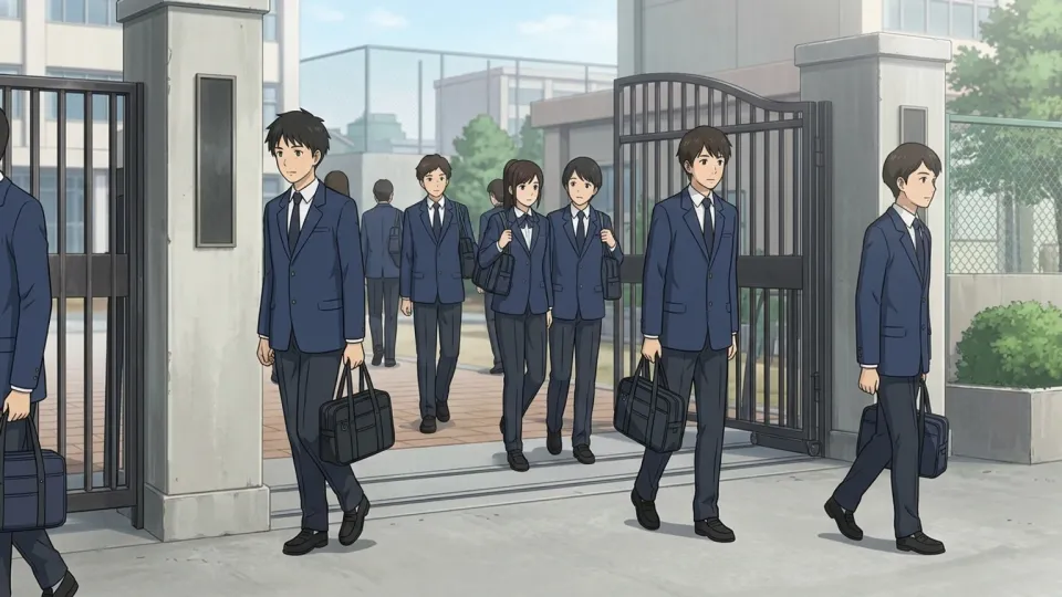 制服を着て学校の門をくぐる学生たち