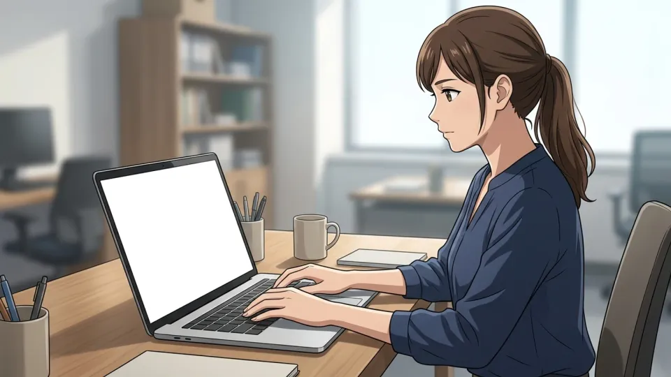 女性がオフィスのデスクでノートパソコンに向かって作業しているイラスト。