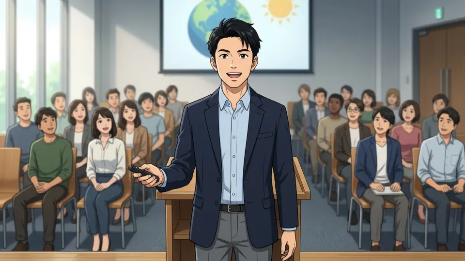 プレゼンテーションで自信を見せる人物