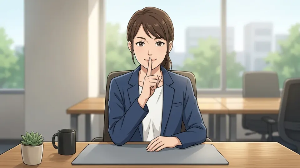 口に指を当てて秘密を守る従業員のイラスト