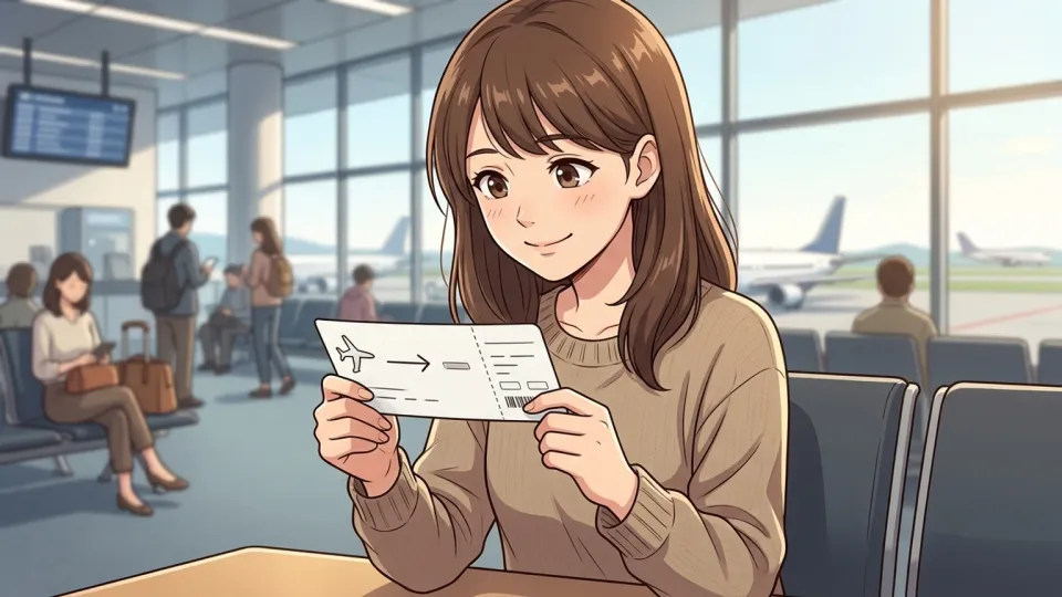 搭乗券を見つめて内容を確認する女性