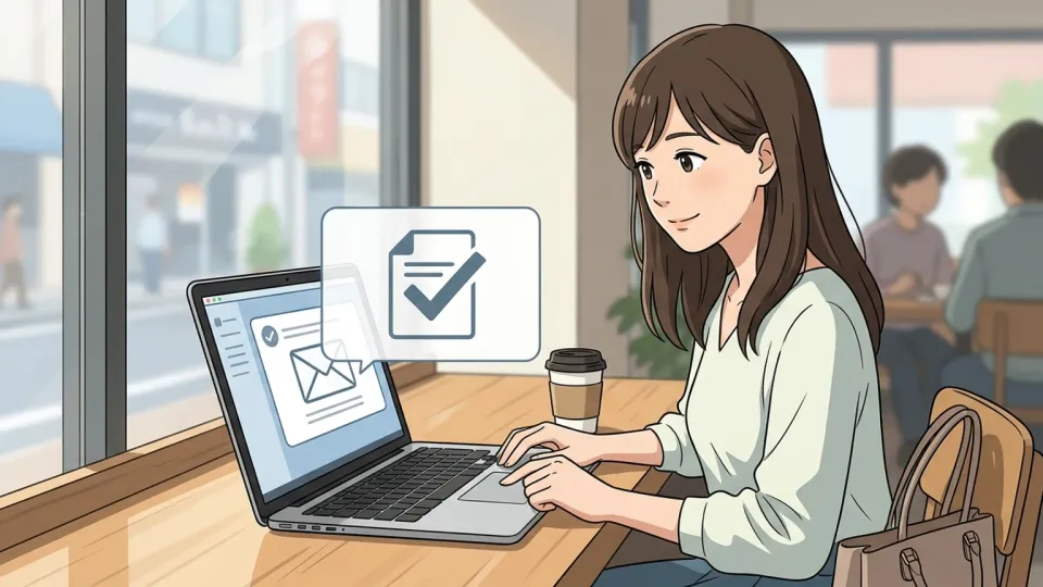 顧客がノートパソコンで支払い完了後に届いた予約確認メールを見ている様子