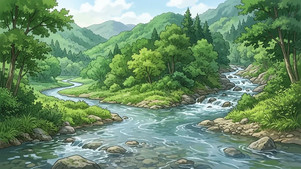 緑豊かな森の中を流れる2つの川が一つに合流する場所。