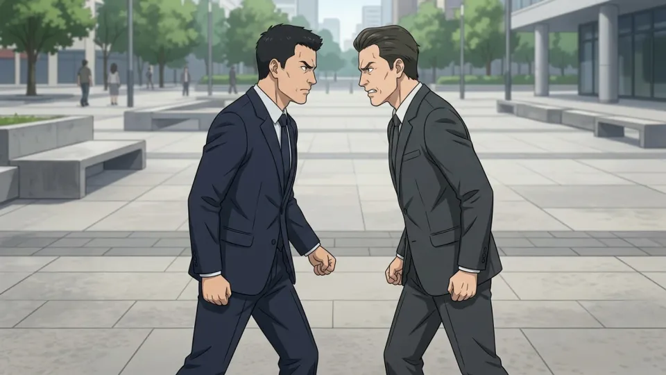 二人の人物が向かい合って対立している場面