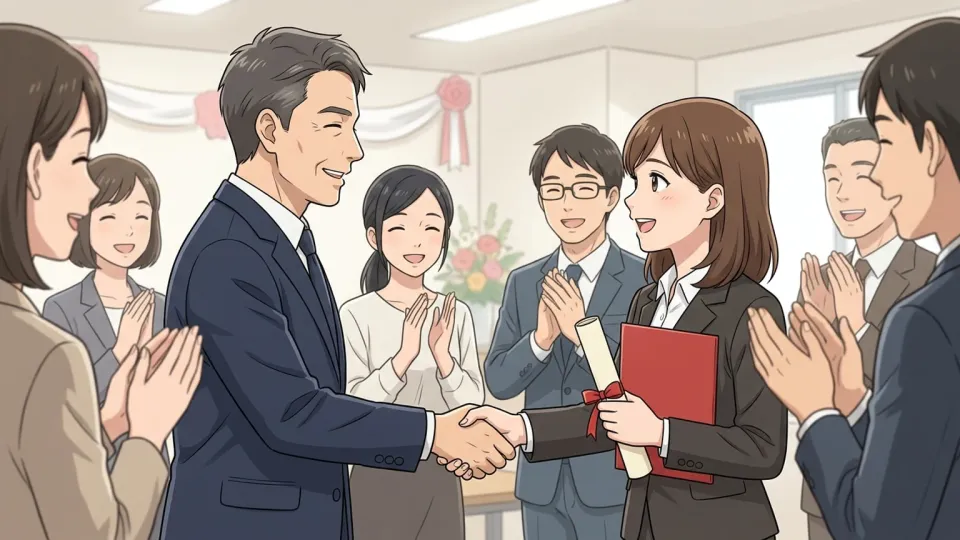 研修修了を祝って社員と握手する部長