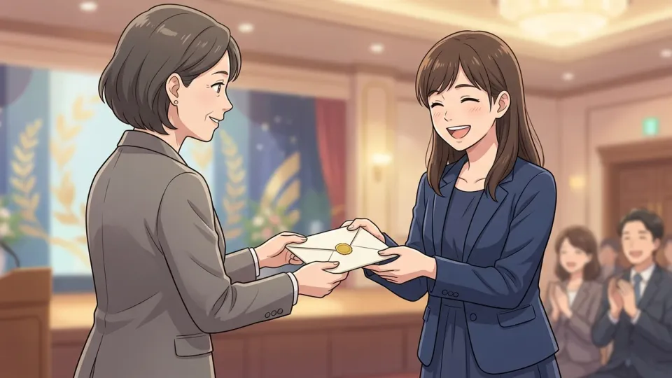 受賞式で受賞者が市長から届いた祝賀の手紙を笑顔で受け取っている様子