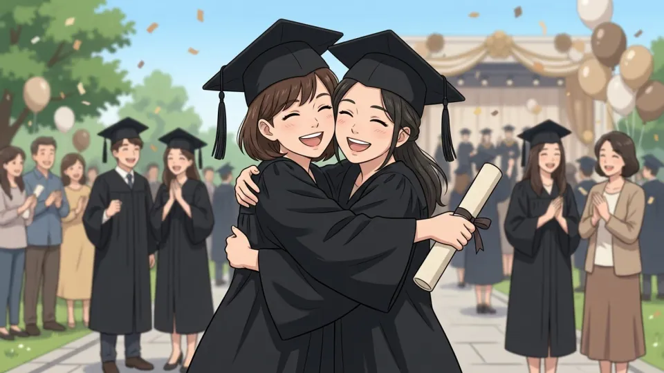 卒業を祝い合って抱き合う二人
